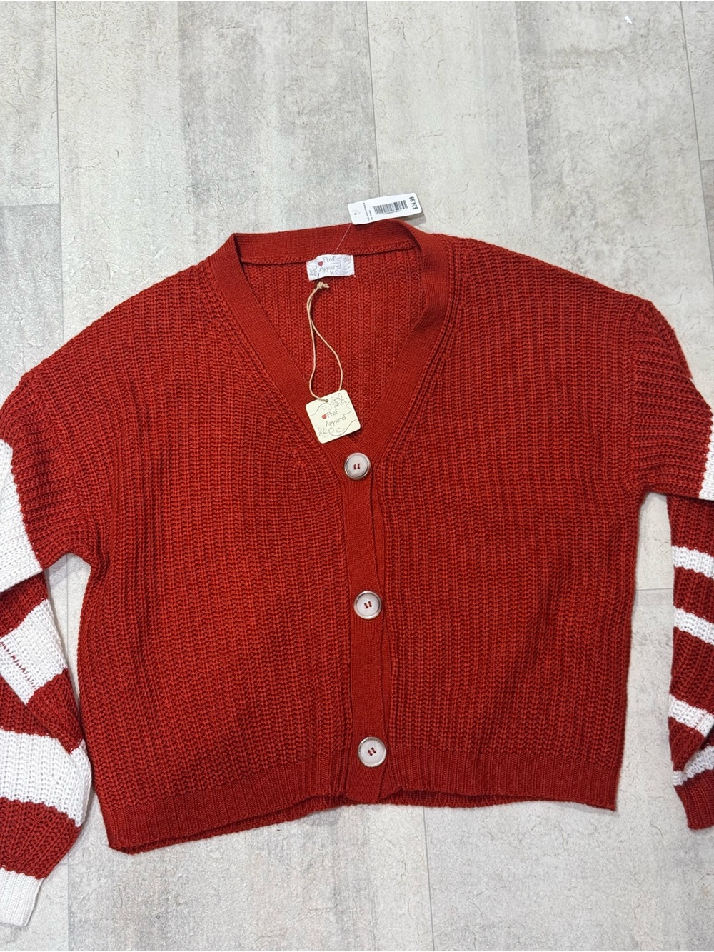0091 Poof! Red Button-Front Cardigan with White Striped Sleeves